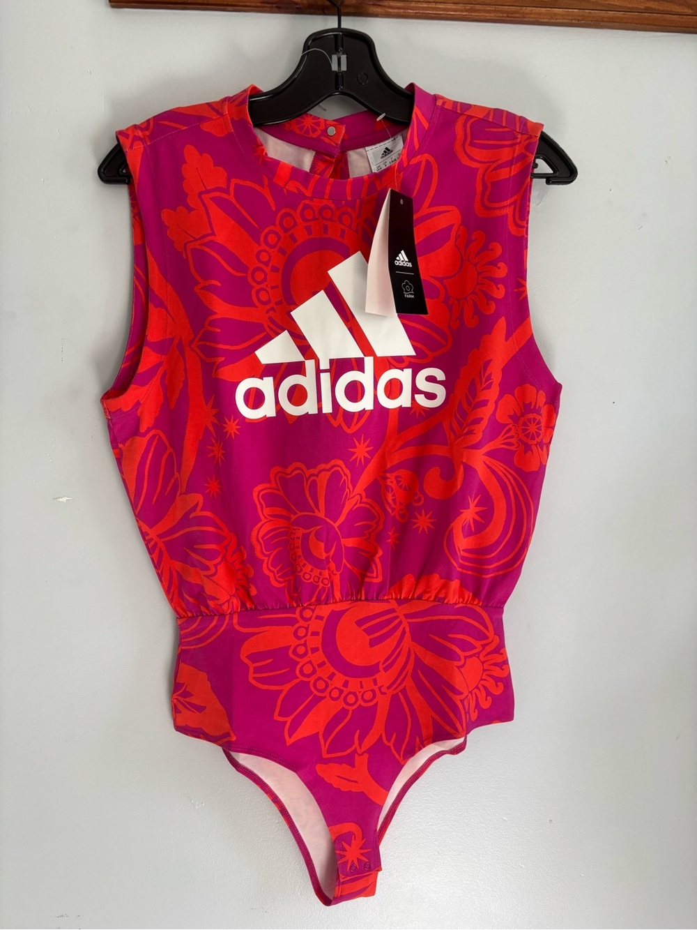 adidas Hot Pink & Orange Floral Bodysuit with White Logo